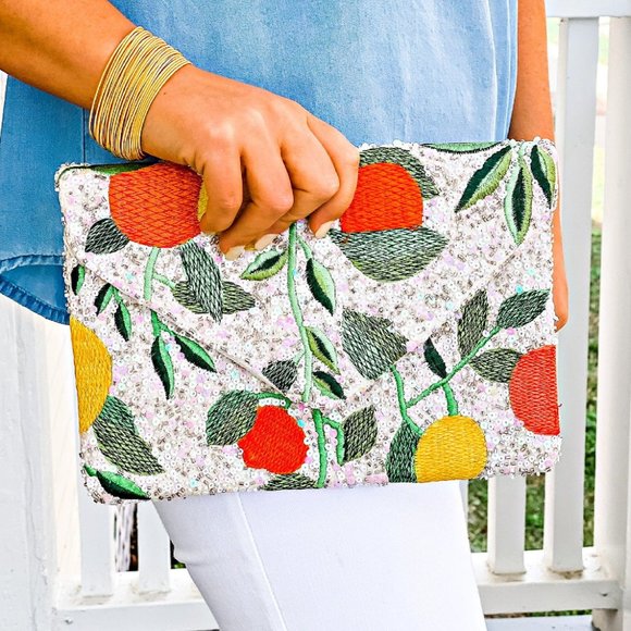 Anthropologie Handbags - Citrus Orchard Lemon Orange Fruit Beaded Sequin Crossbody Clutch Handbag Bag NEW